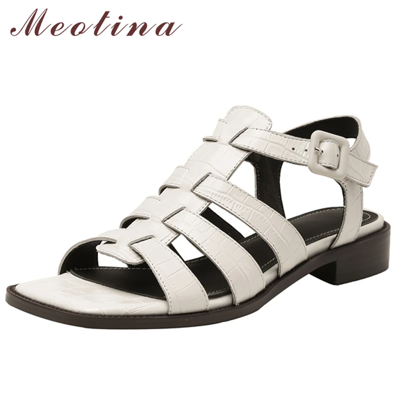 

Meotina Women Sandals Genuine Leather Gladiator Shoes Square Toe Thick High Heel Sandals Summer Buckle Ladies Footwear White 40