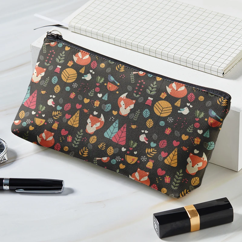 Bolsa de cosméticos Kawaii con estampado de zorro y tiburón para mujer, Neceser de maquillaje portátil, organizador de gran capacidad, estuches de