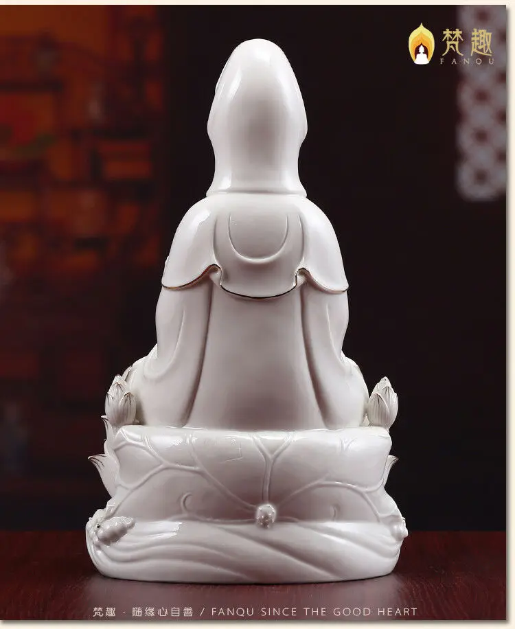 12'' Chinese Dehua white porcelain painting Gold lotus Guanyin Kwan-yin statue