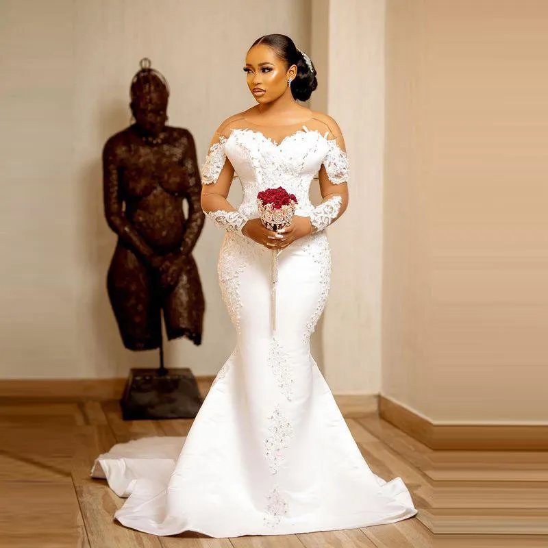 Aso Ebi Mermaid Trouwjurken Met Sheer Hals Illusion Lange Mouwen Bridal Dress Kant Applicaties Parels Vestido De Noiva