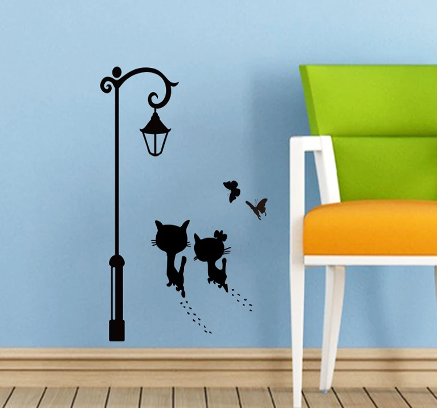 

New Sweet Couple Cat Wall stickers, Kids Room Street Light Butterfly Decorative Stickers, Living Room Wall Decal, Home Decor