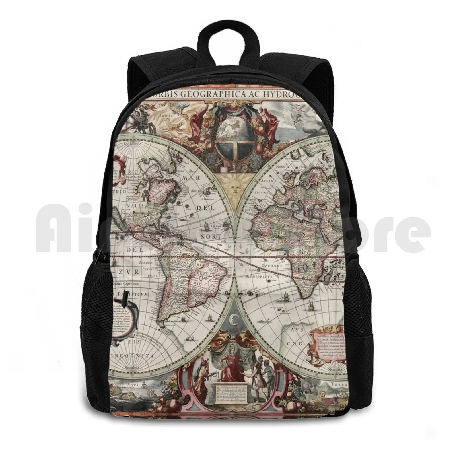 Vintage Maps Of The World. Geographic And Hydrographic Map Of The Whole World Outdoor Hiking Backpack Waterproof Camping Travel