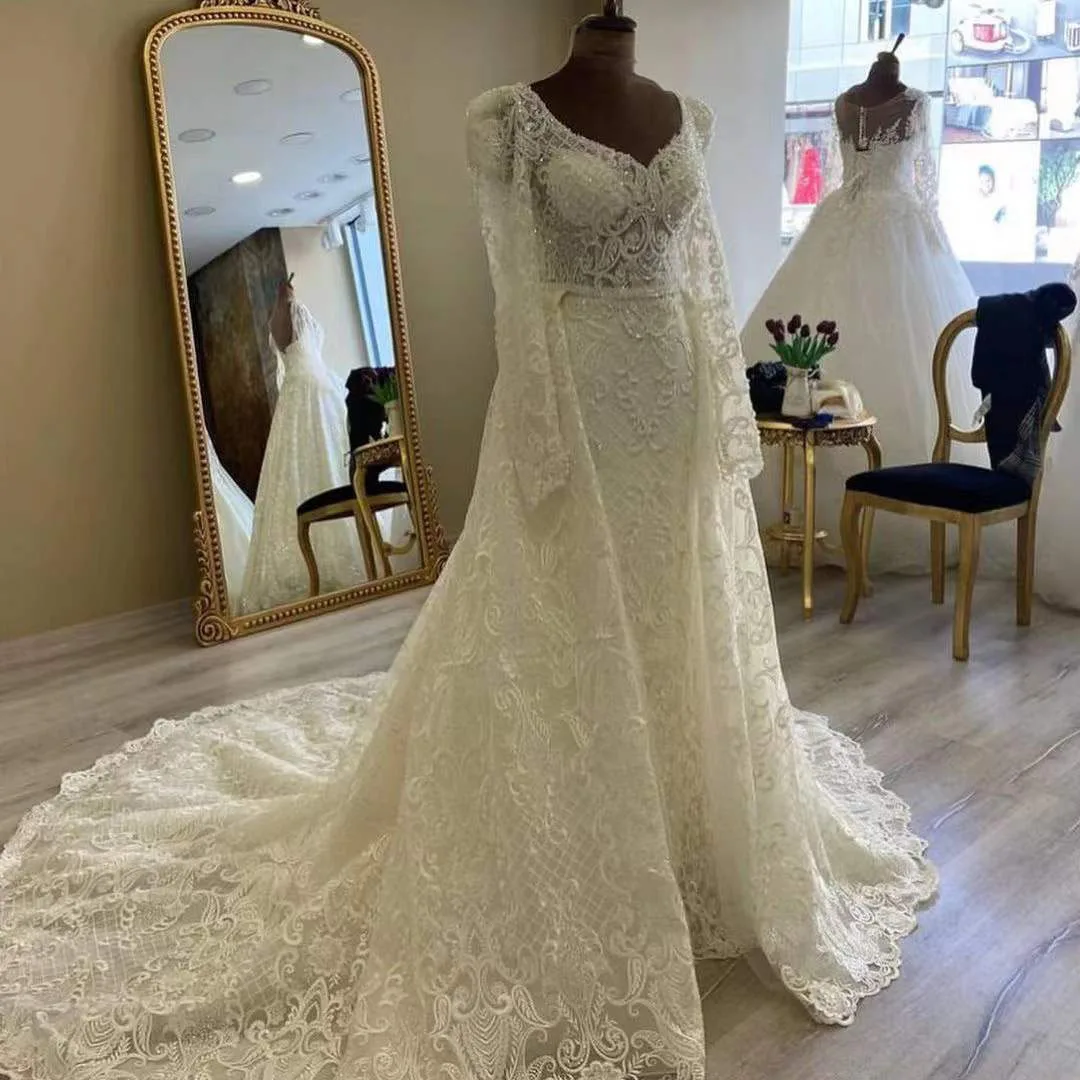 Elegante nuevo vestido De novia blanco con cuentas, apliques De lentejuelas, escote Corazón, manga larga De encaje, largo hasta el suelo, vestido De novia