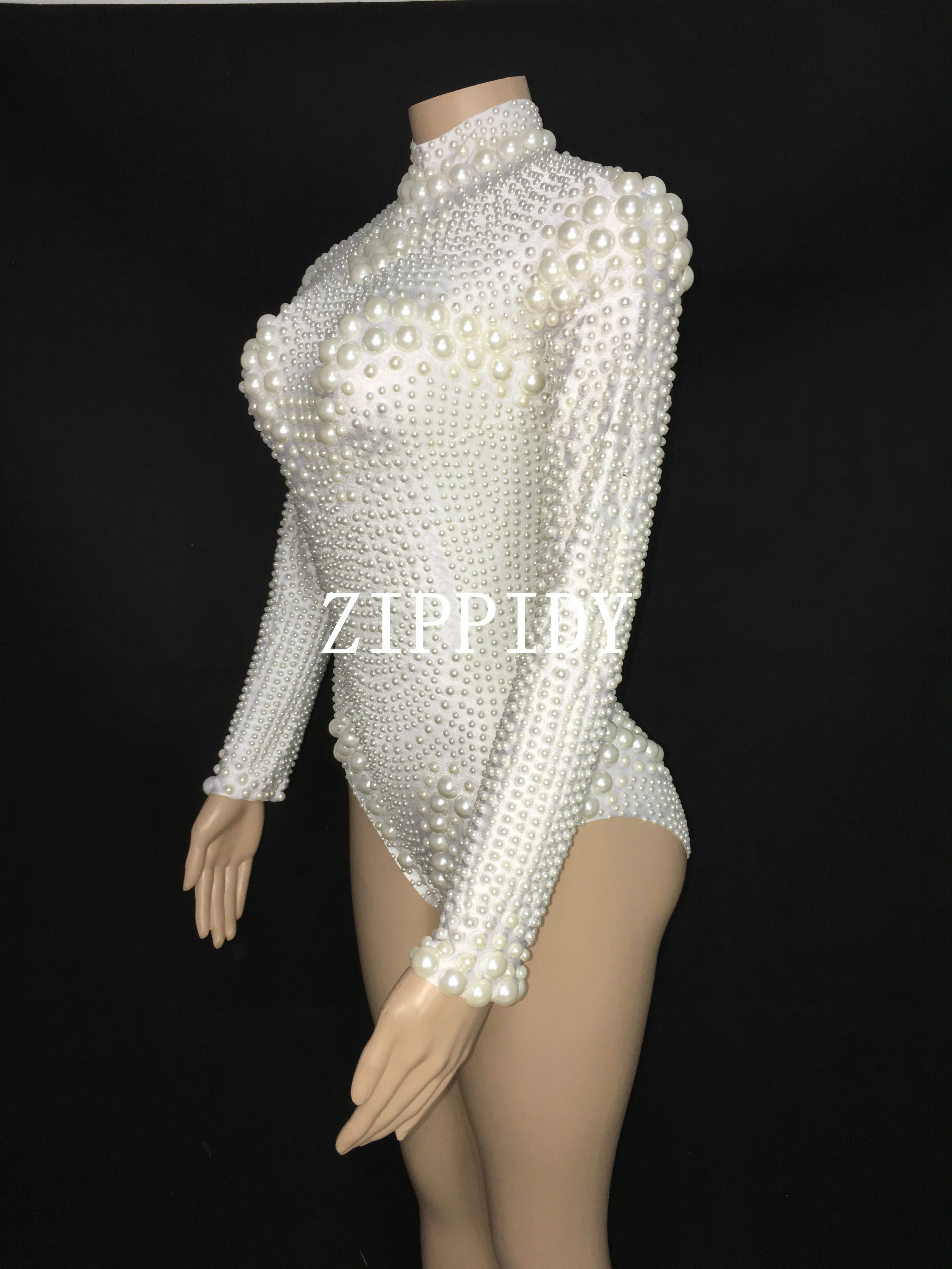 Design White Pearls Stretch Leotard Women\'s Dance Bodysuit Prom Celebrate Outfit Bar Nightclub Women Dancer Outfit