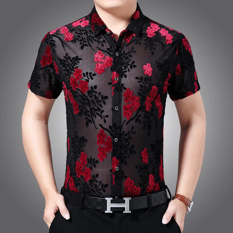 Sexy Hollow Flowers Clothes Summer Men Transparent Club Wear Short Sleeve Silk Velvet Shirts Single Breasted See Through Dresses