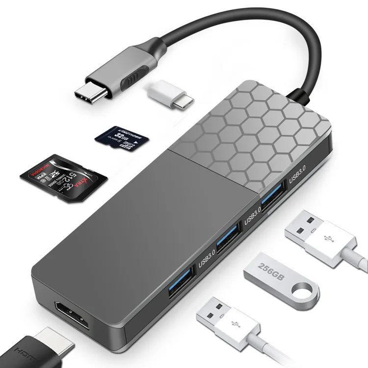 موزع USB متعدد الوظائف مع موصل من النوع C 7 في 1 مهايئ متعدد المنافذ منفذ USB 3.0 مخارج مخارج تمر بالشحن