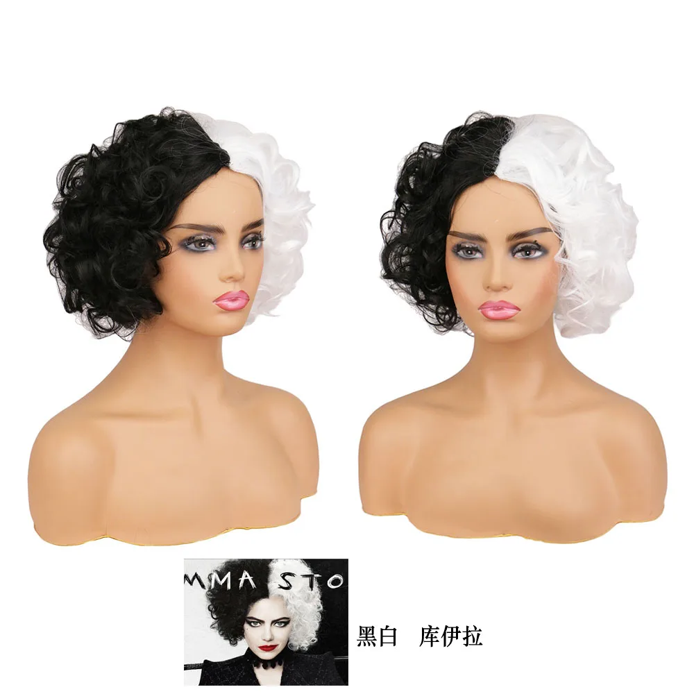 New Cruella Wig CRUELLA de Vil Cosplay Black White Halloween Party Hair Deville Dalmation Short Synthetic Hair Wigs+ Wig Cap