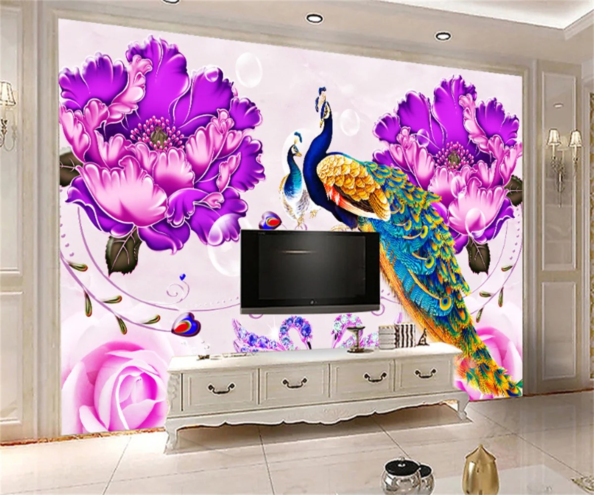 

European and American 3d three-dimensional relief rose flower peacock swan jewelry background wallpaper custom home mural papel