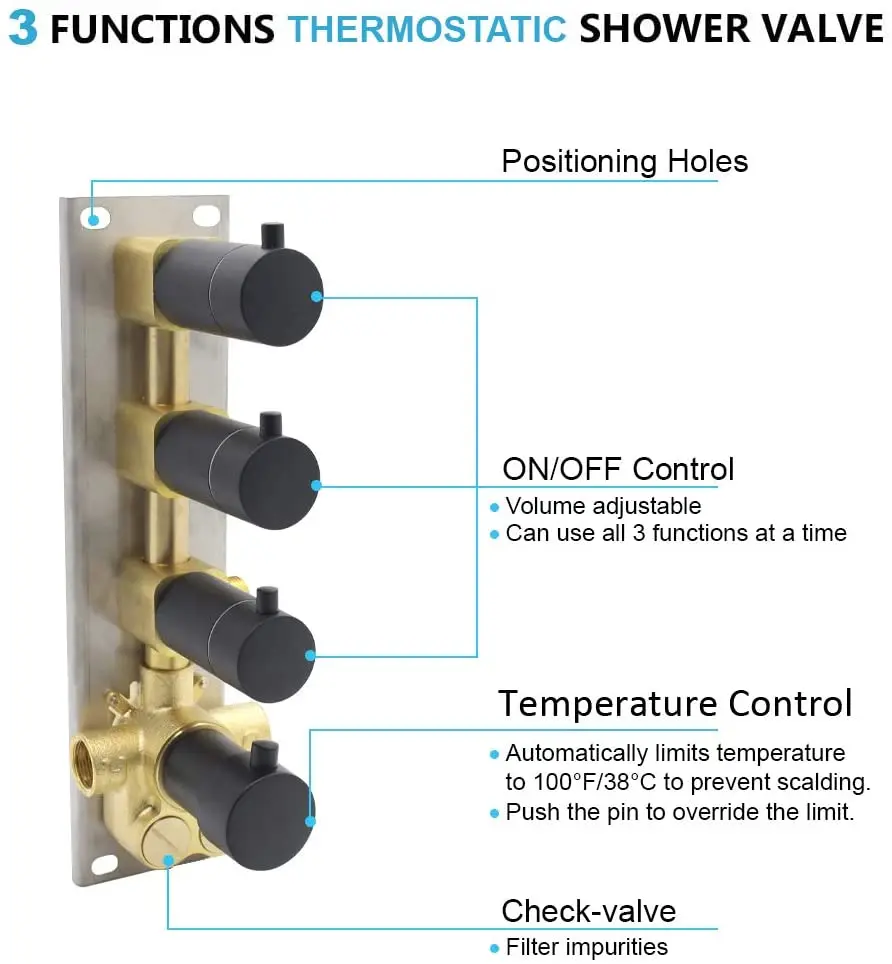 3-Function Brass Shower Diverter Thermostatic Valve Pressure Balanced Mixer Trim Black Can Use All Function At a Time Flow