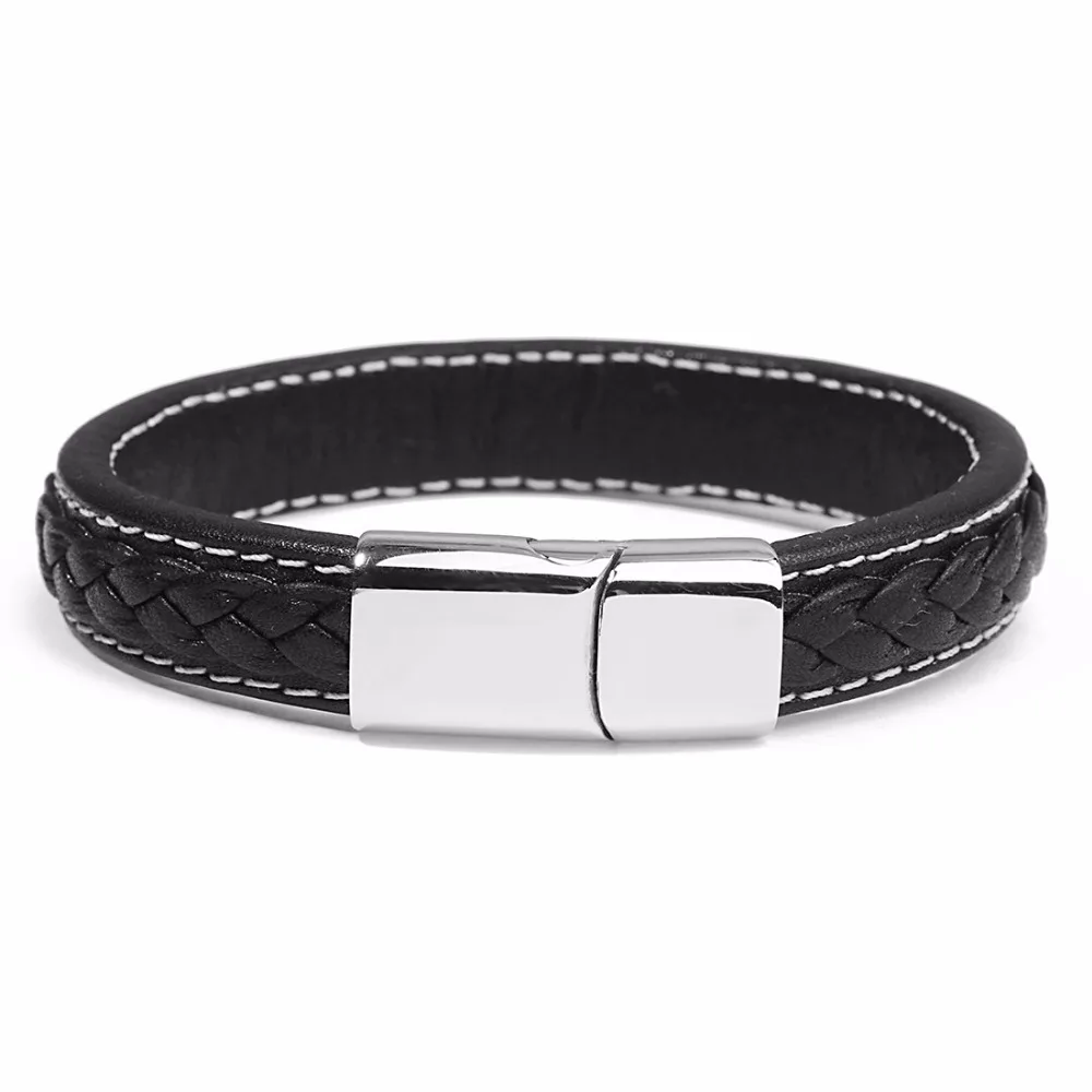 Pulseras de cuero genuino para hombres, brazaletes de cuero negro Punk, regalos de joyería de Navidad, moda