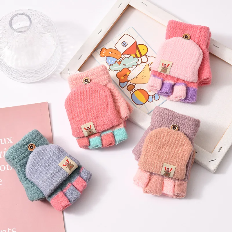 

Cute Kids Warm Gloves Winter Children's Mittens Knitted Thick Students Boys Girls Full Finger Flip Gloves Варежки Детские