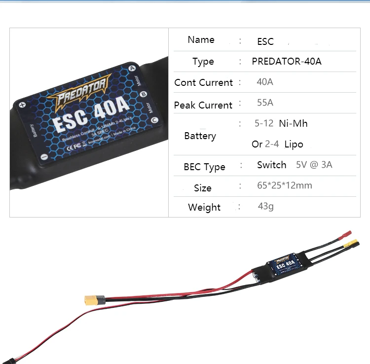 FMSRC Predator ESC 40A con Controller di velocità SBEC 3A senza spazzole con spina T EC3 XT60 4S per pezzi di ricambio per aereo modello di