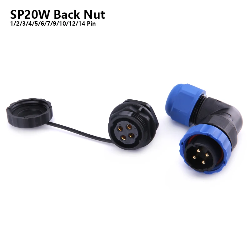 SP20 IP68 Back Nut 90 degree elbow waterproof connector 1/2/3/4/5/6/7/9/10/12/14 Pin Industrial power angle Aviation connectors