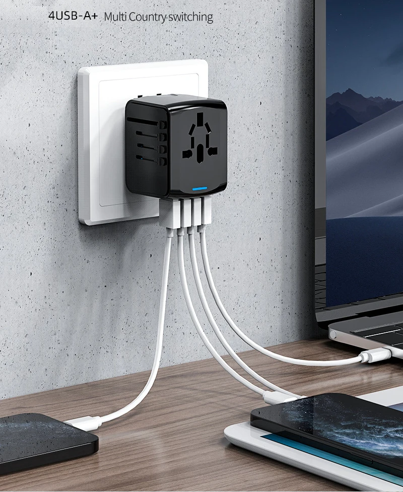 Adaptador de viagem universal internacional adaptador de energia tudo-em-um com 4 usb carregador de parede em todo o mundo para reino unido/ue/eua/au adaptador usb