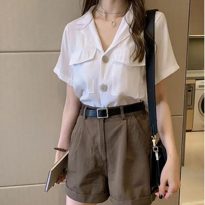 

Shirt Women's Summer 2021 New Fashionable Short Sleeve Design Sense Niche Top plus Size Slimming Shirt White Blusas Mujer