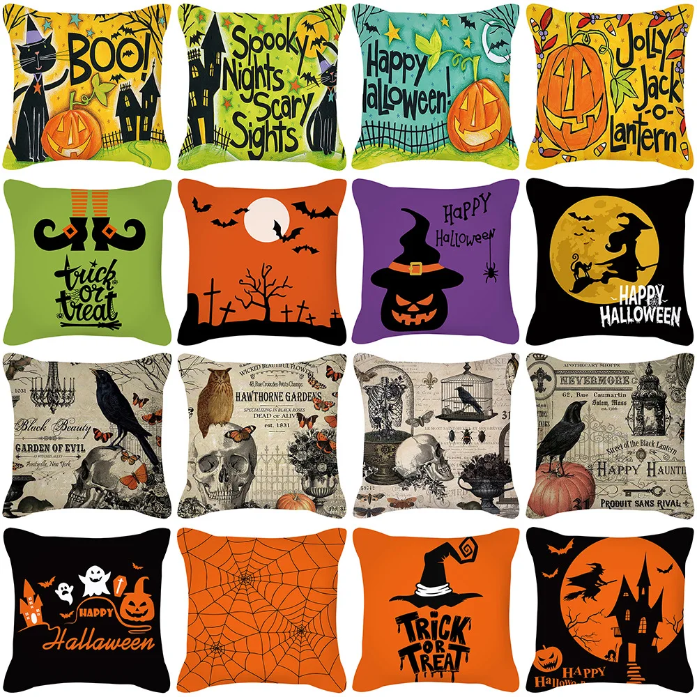 

Halloween Pillow Case Orange and Black Pillow Cover Halloween Decorations Horror Castle Spider Web Printed Cushion Cover 45x45cm