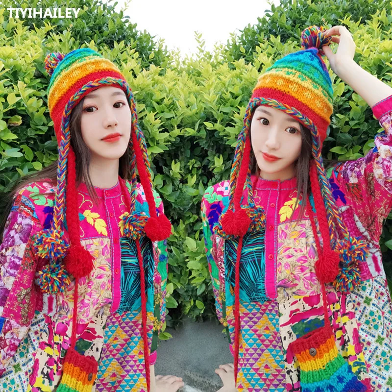 TIYIHAILEY Free Shipping 2020 New Fashion Hand Made Wool Winter Warm Thick Bomber Hats Women Rainbow Colorful Fleece Inside Hats