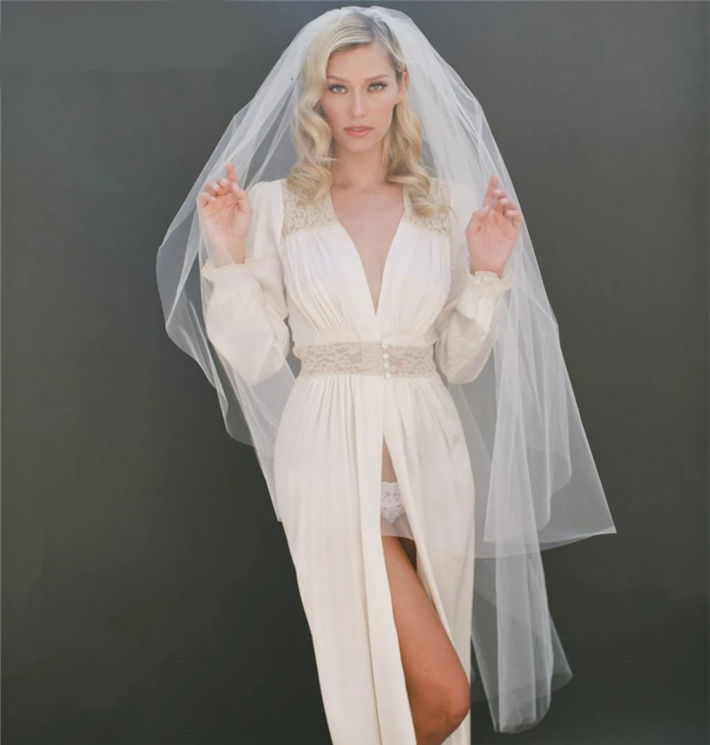 Elegante simples branco marfim véu de casamento com pente macio tule duas camadas longo véus de noiva mantilla acessórios de casamento