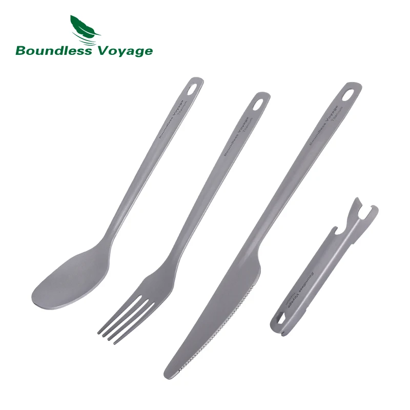 Boundless Voyage Utility Cutlery Set 4-Pieces with Carrying Case Titanium Spoon Fork Knife & Bottle Opener for Travel Camping