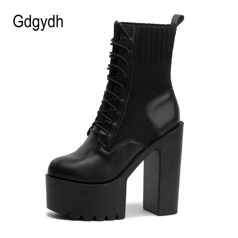 Gdgydh New Fetish Platform Boots Woman Sexy Chunky Heel Front Lace Up Sock Boots Women Ankle Boots Thick Heel Shoe Black Design