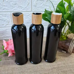 Engraving logo 150ml/250ml Black plastic PET bottle Bamboo natural lid emulsion lotion toner essence liquid Black containers
