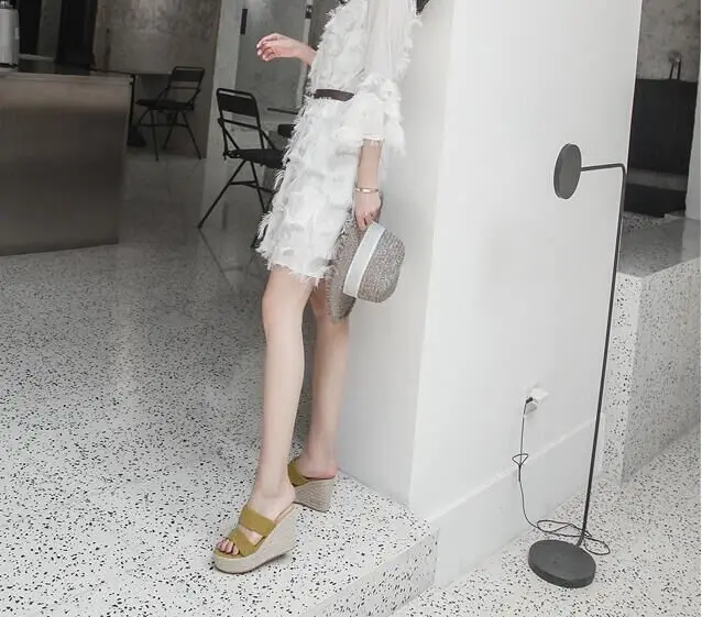 Summer 9cm 11cm High-Heeled Women Pumps Platform Hemp Shoes Buckle Casual Nude Stilettos Round Head Sandals Small Yards:30 31 32