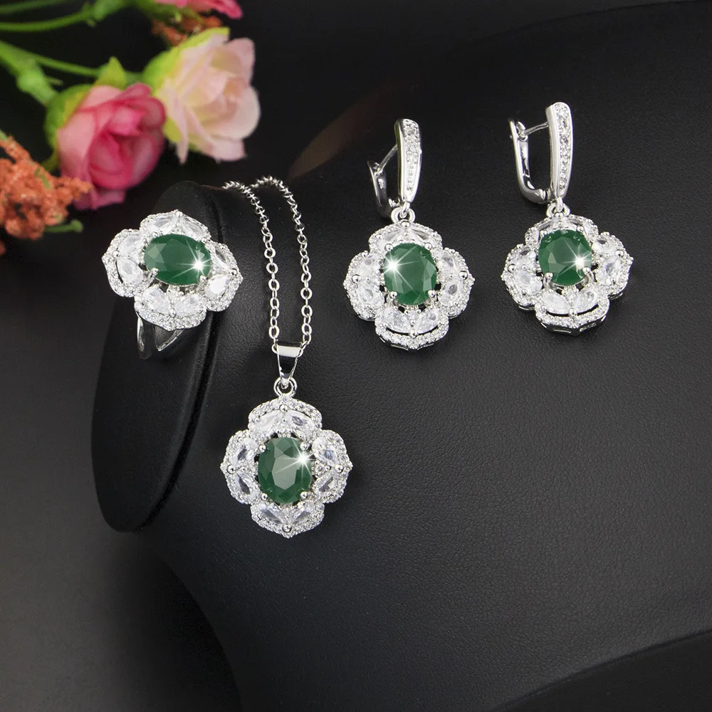 Green Emerald Silver 925 Jewelry Sets For Women Earrings Pendants Ring Free shipping