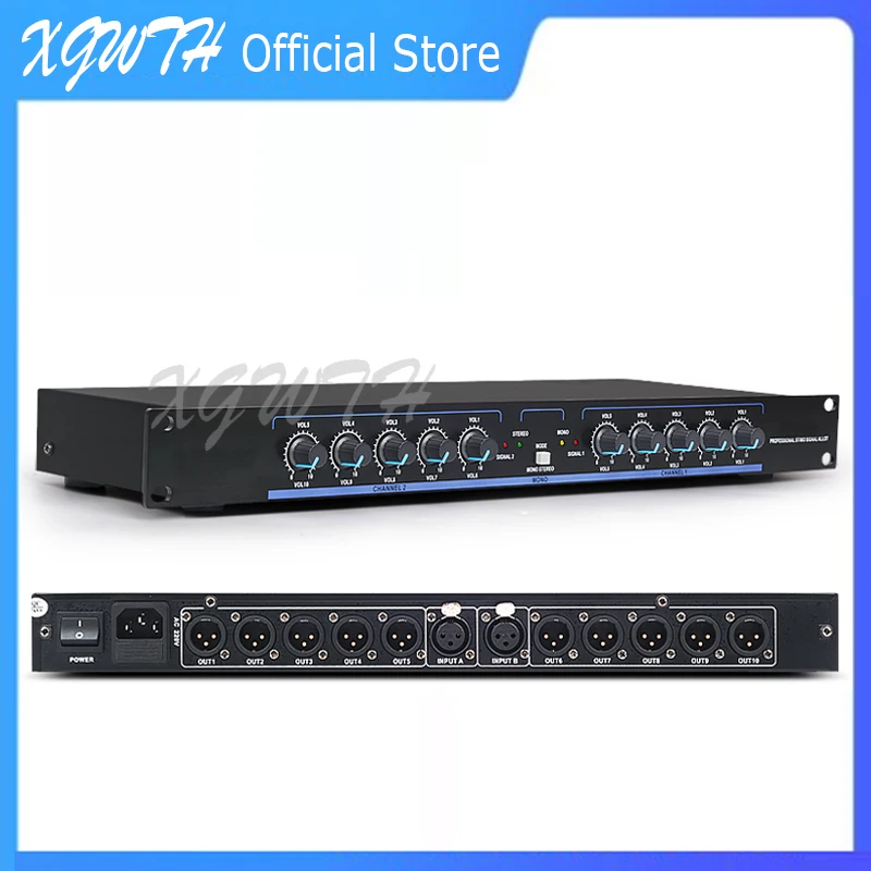 Stereo Mono Audio Signal Distributor 2 in 10 Out XLR Splitter Amplifier Stage Equipment DJ Conference Multi-amp Distribution