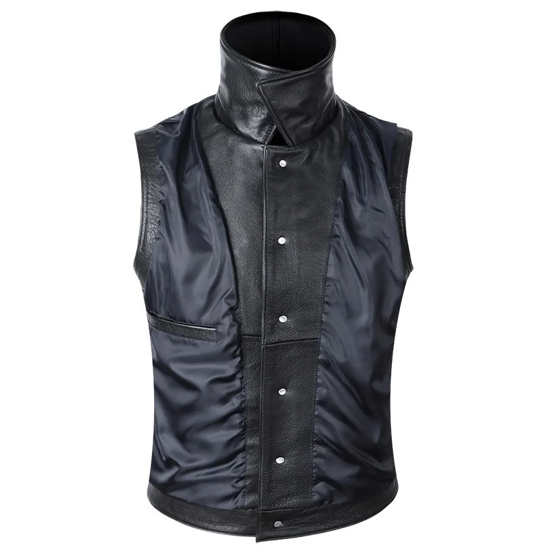 Motorcycle Classic Biker Cowhide Genuine Leather Vest Jacket Men Slim Fit Punk Single Breasted Sleeveless Waistcoat Coats Men