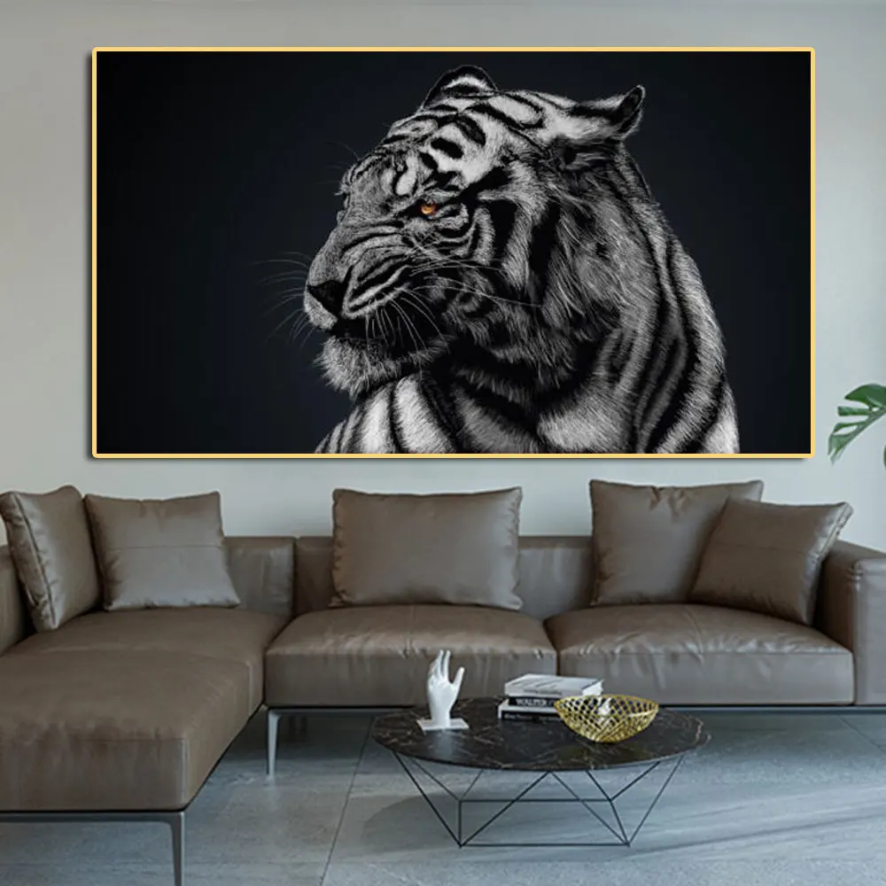 

Modern Prints Canvas Art Blue Eyes Tiger Head Painting Wall Poster Animal Black and White Picture for Living Room Cuadros Decor