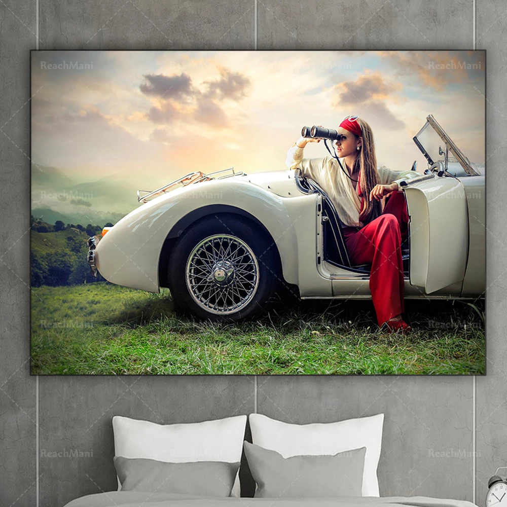 

Beautiful fashion woman sitting in racing car looking through binoculars canvas print, modern art deco wall poster