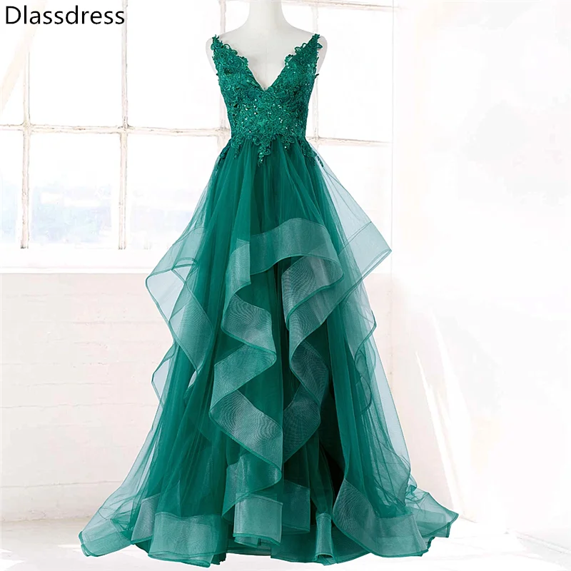 Ruffels Evening Dress Green 2020 A-line Appliques Sequins Tiered Sweep Train V-neck Spaghetti Straps Prom Dress вечерние платья