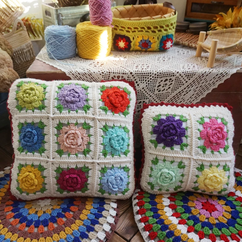 

Handmade Crochet Sofa Pillow Cover Housewarming gift hand hook flower retro stereo flower retro red edge Pillow Cover