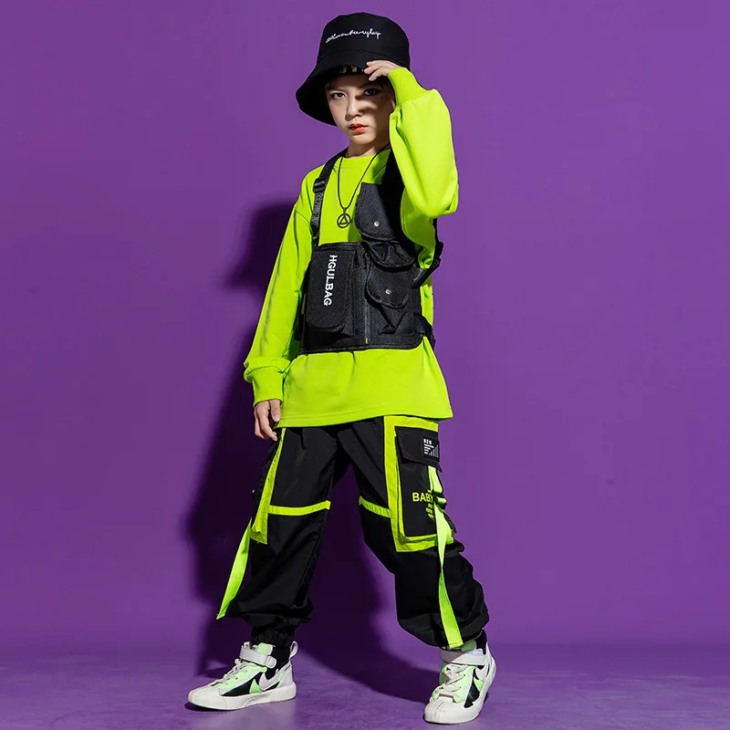 Kid Kpop Hip Hop Clothing Sweatshirt Crop Top Streetwear Tactical Cargo Jogger Pants for Girls Boys Jazz Dance Costume Clothes