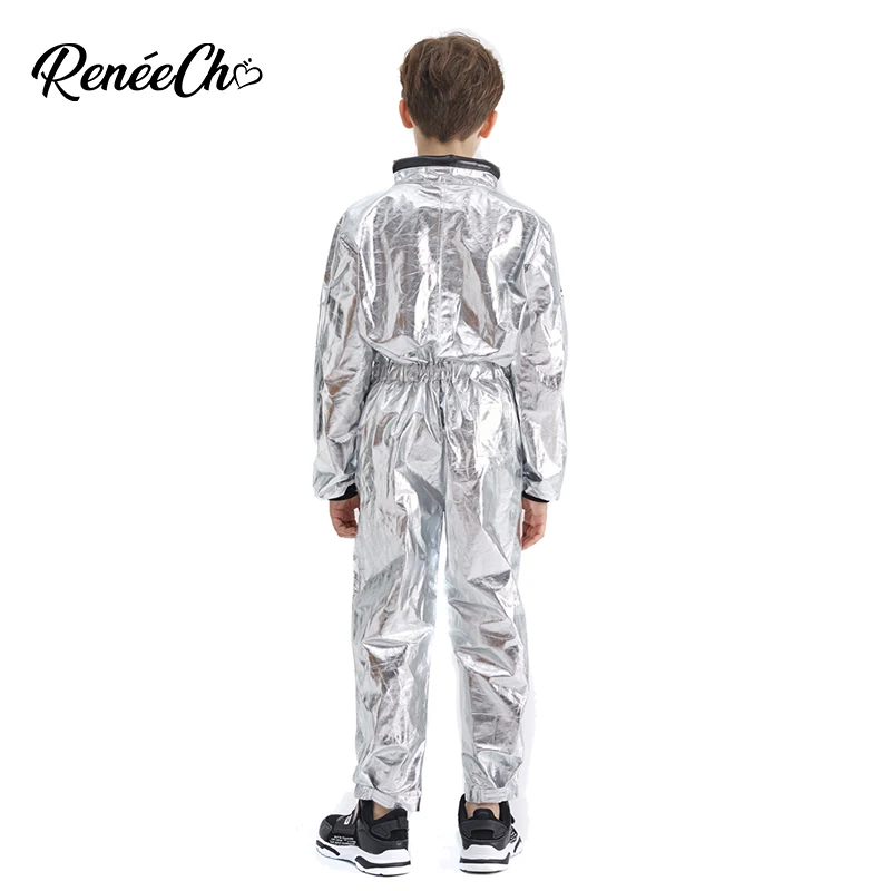 Reneecho Kids Astronaut Costume Sliver Boys Space Man Cosplay Jumpsuit And Hat 2 Piece Set Baby Halloween Costume For Kids