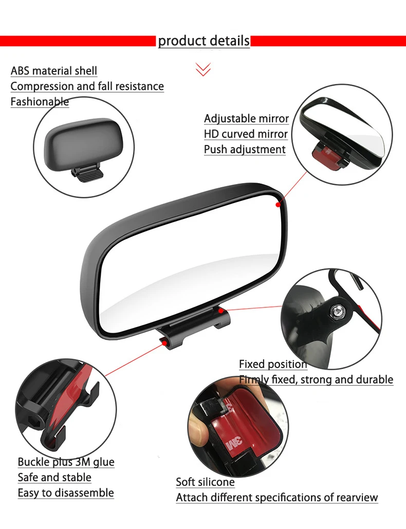 Espejo de cristal HD para coche, ángulo de visión de ángulo amplio ajustable