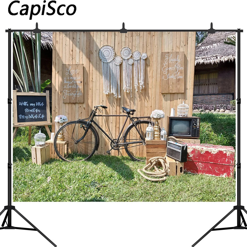 Capisco Photography Background Rustic Wood Wall Bicycle Photo Backdrop wedding Party Decor Portrait Photo Studio Prop Photobooth