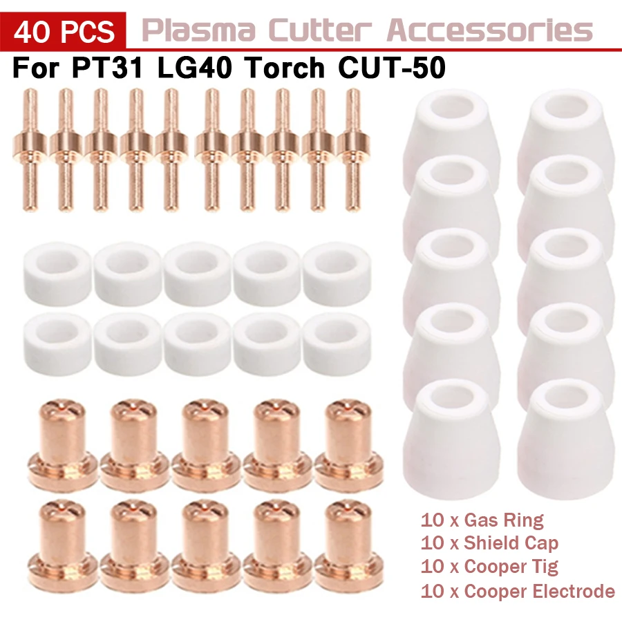 40pcs Plasma Cutting Torch Consumable Cutting Extended Long Shield Cup Swirl Baffle 40A PT31 Plasma Torch Tip Electrode Nozzle