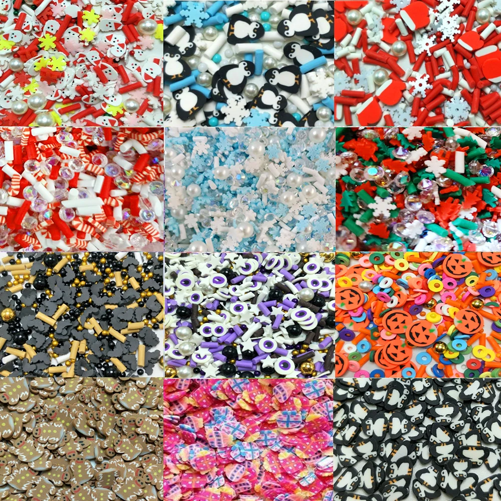 50g Mixed Halloween Christmas Slice Pearl Rhinestone Polymer Clay Sprinkles For DIY Craft Slime Filling Accessories Nails Art