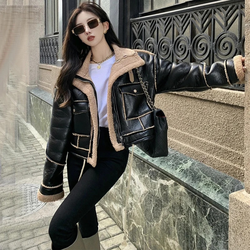 Women's Winter Fur Integration Jacket Black PU Leather Jackets Coat Locomotives Jackets  Women Thickening Lint Jacket Coats