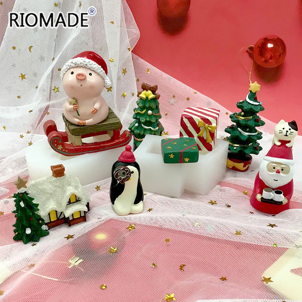 Christmas Silicone Mold Sled Tree Santa Claus Gifts Snow House Model Mousse Chocolate Sugar Cupcake Baking Fondant Cake Tools