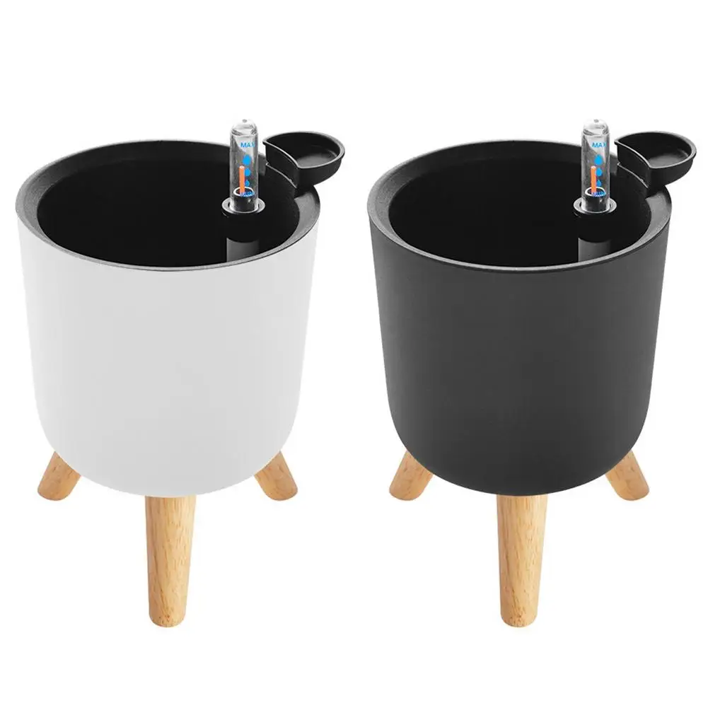 Modern Planters Automatic Watering Flower Pot With Wooden Legs Stand Home Living Room Floor Standing Potted Flower Pot Decor