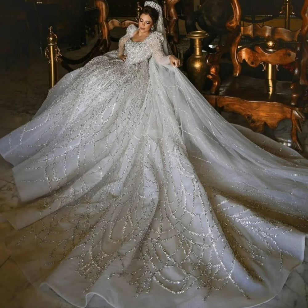 5 Meters Detachable Train Wedding Dress V Back Lace Sequined Luxury Bridal Gowns Crystal Beads robes de mariée