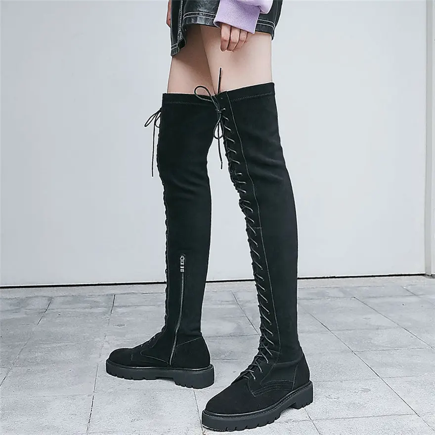 2025 Winter Warm Shoes Women Stretchy Low Heels Over The Knee High Snow Boots Female Lace Up Round Toe Platform Fashion Sneakers