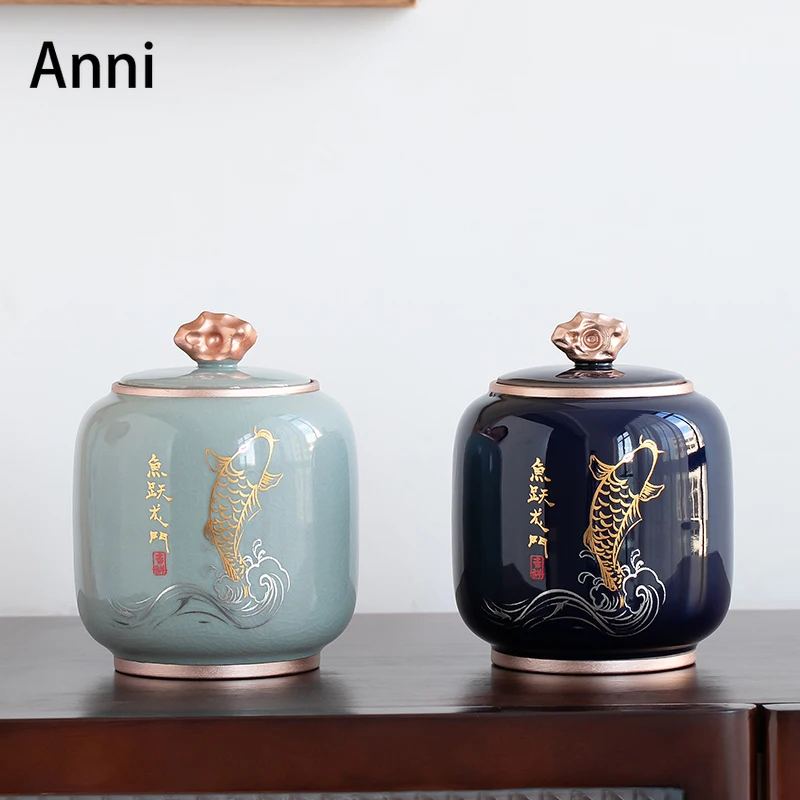 Chinese Creativity Tea Organizer Overglaze Ceramic Tea Leaf Caddy Seal Storage Jars with Lid Teahouse Ornaments Home Decoration