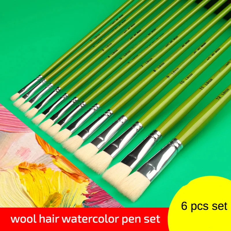 

6 pcs sets of green long rod wool hair flat head brush row pen gouache watercolor artist oil paint brush Art Supplies materials