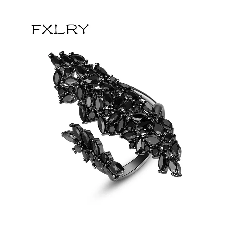 FXLRY New Trendy Gun black Color Micro Paved Cubic Zircon Irregular Adjustable Open Ring For Women Party Fashion Jewelry