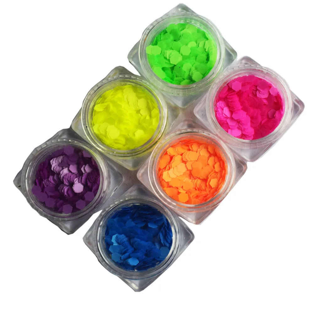 

6Pot Hexagon Neon Matte Color Nail Glitters Set 3MM Nail Art Sequins Flakes Slice Gel Polish Makeup Manual DIY Craft Decoration