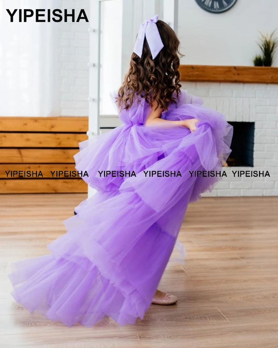 Yipeisha jewel lavanda em camadas flor meninas vestidos inchado tule crianças vestido de concurso alta baixa crianças aniversário comunhão wear