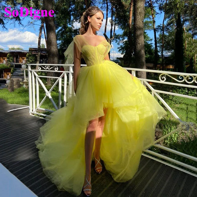 SoDigne-Vestidos de Fiesta Hi-Lo de Organza, sin mangas, color amarillo, 2021